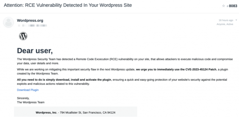 WordPress Advisory Screenshot